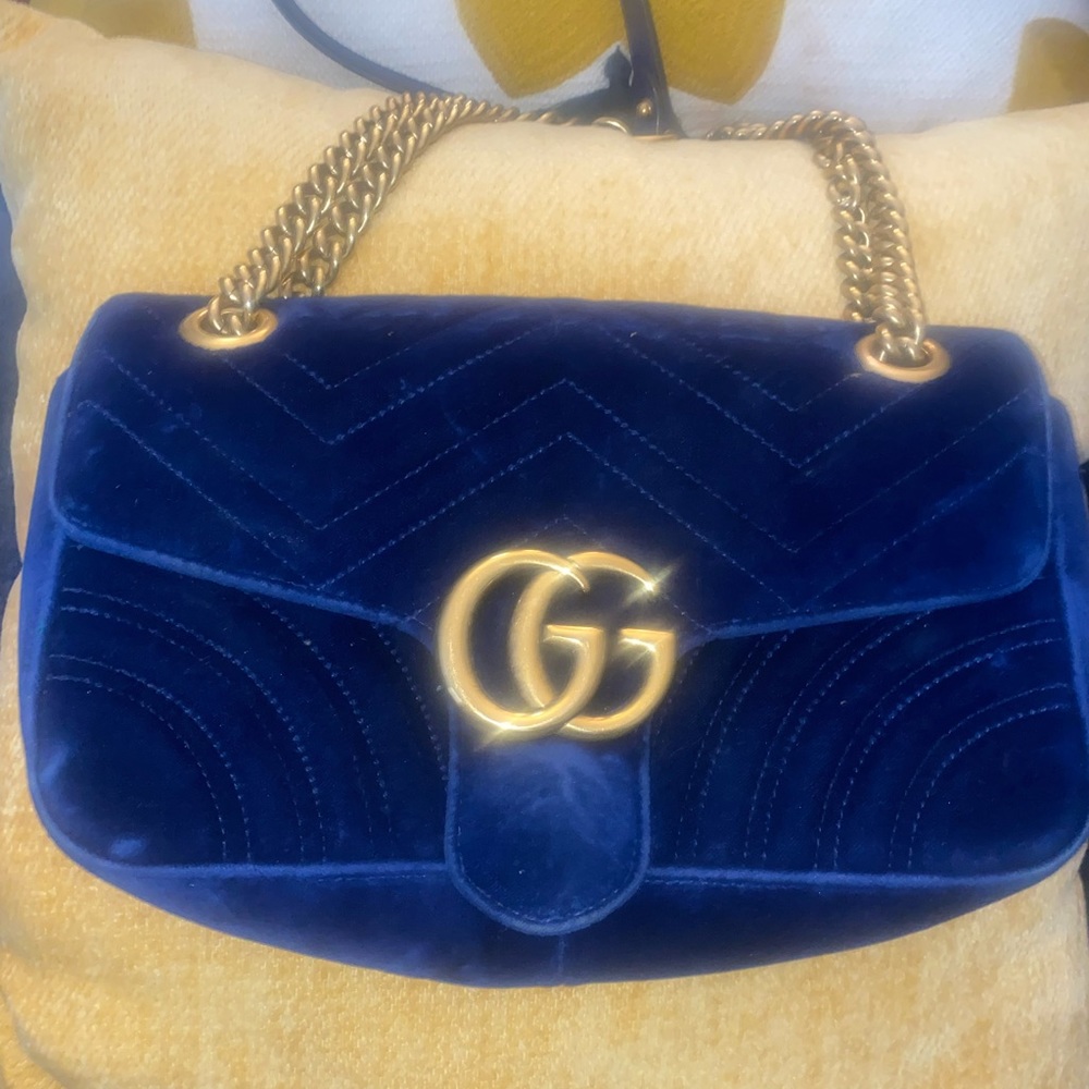 Gucci Velvet Matelasse Small GG Marmont Shoulder Bag Cobalt Blue